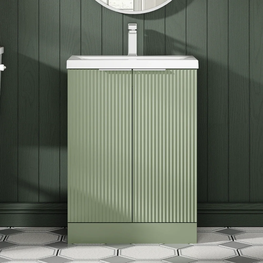 Hudson Reed Fluted 600 Satin Green Floor Standing Vanity Unit & Basin
