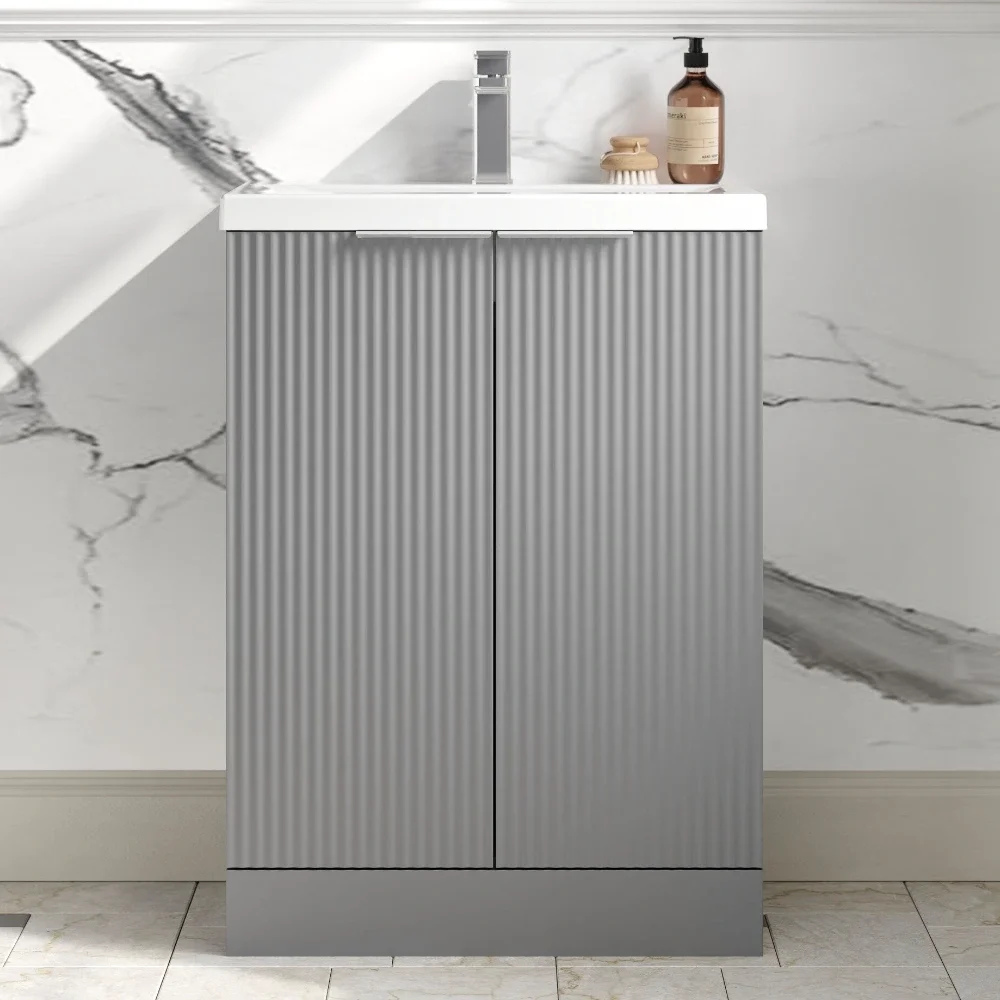 Hudson Reed Fluted 600 Satin Grey Floor Standing Vanity Unit & Basin