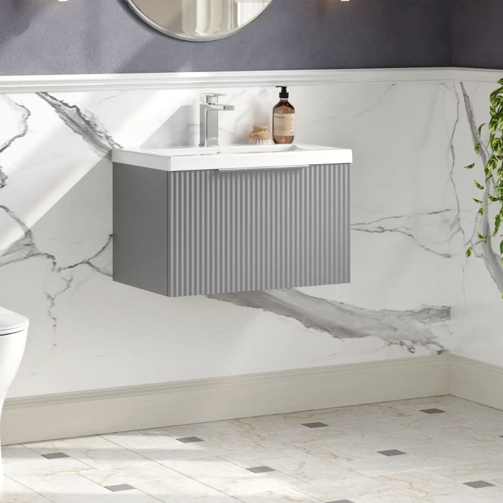 Hudson Reed Fluted 600 Satin Grey Vanity Unit & Basin