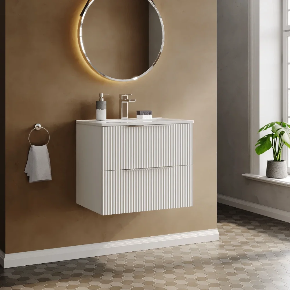 Hudson Reed Fluted 600 Satin White 2 Drawer Vanity Unit & Basin