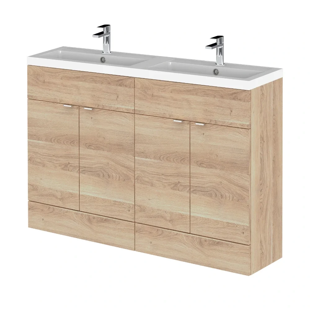 Hudson Reed Fusion Bleached Oak 1200 Floor Standing 4 Door Vanity Unit with Double Basin