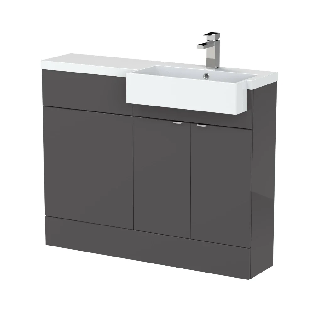 Hudson Reed Fusion Gloss Grey 1100 RH Semi Recessed Rectangle Basin Unit
