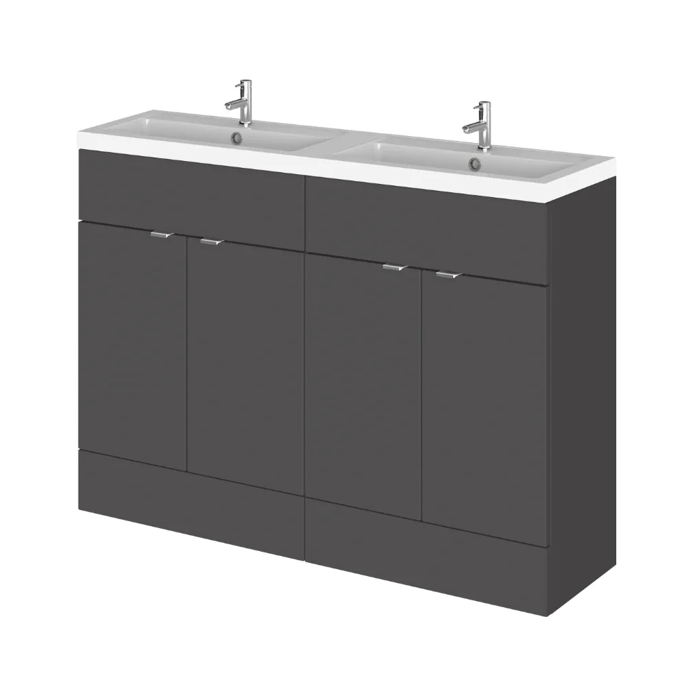 Hudson Reed Fusion Gloss Grey 1200 Floor Standing 4 Door Vanity Unit with Double Basin
