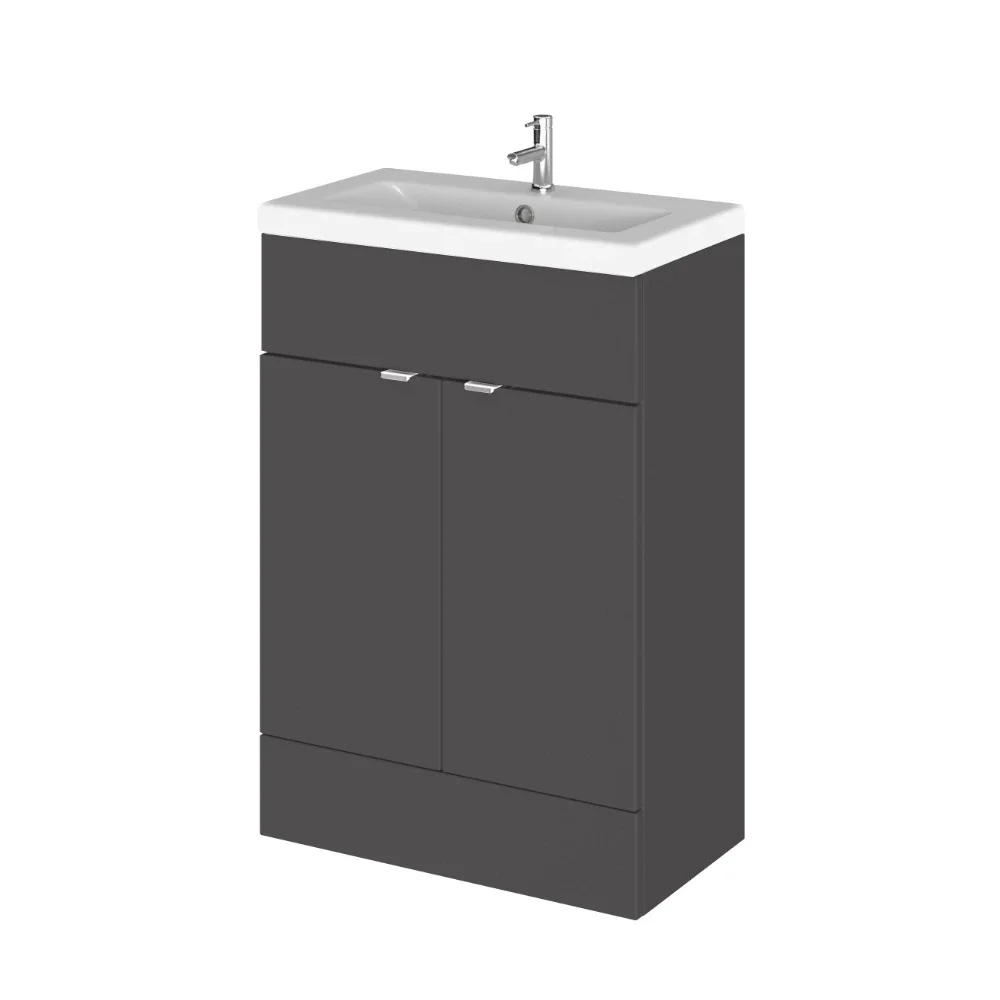 Hudson Reed Fusion Gloss Grey 600 Floor Standing 2 Door Vanity Unit with Basin
