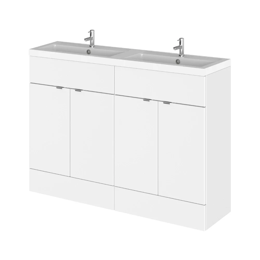 Hudson Reed Fusion Gloss White 1200 Floor Standing 4 Door Vanity Unit with Double Basin