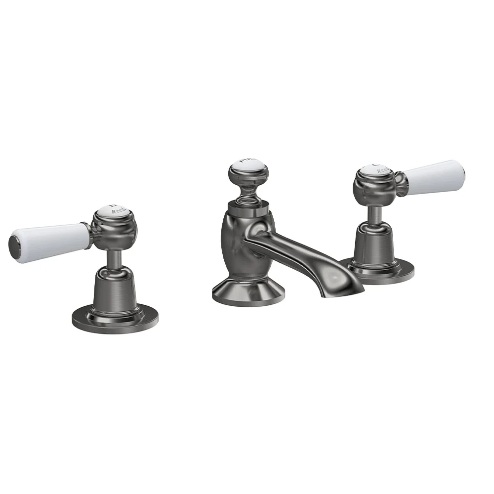 Hudson Reed Topaz Brushed Pewter 3 Tap Hole Dome Collar Basin Mixer and Waste