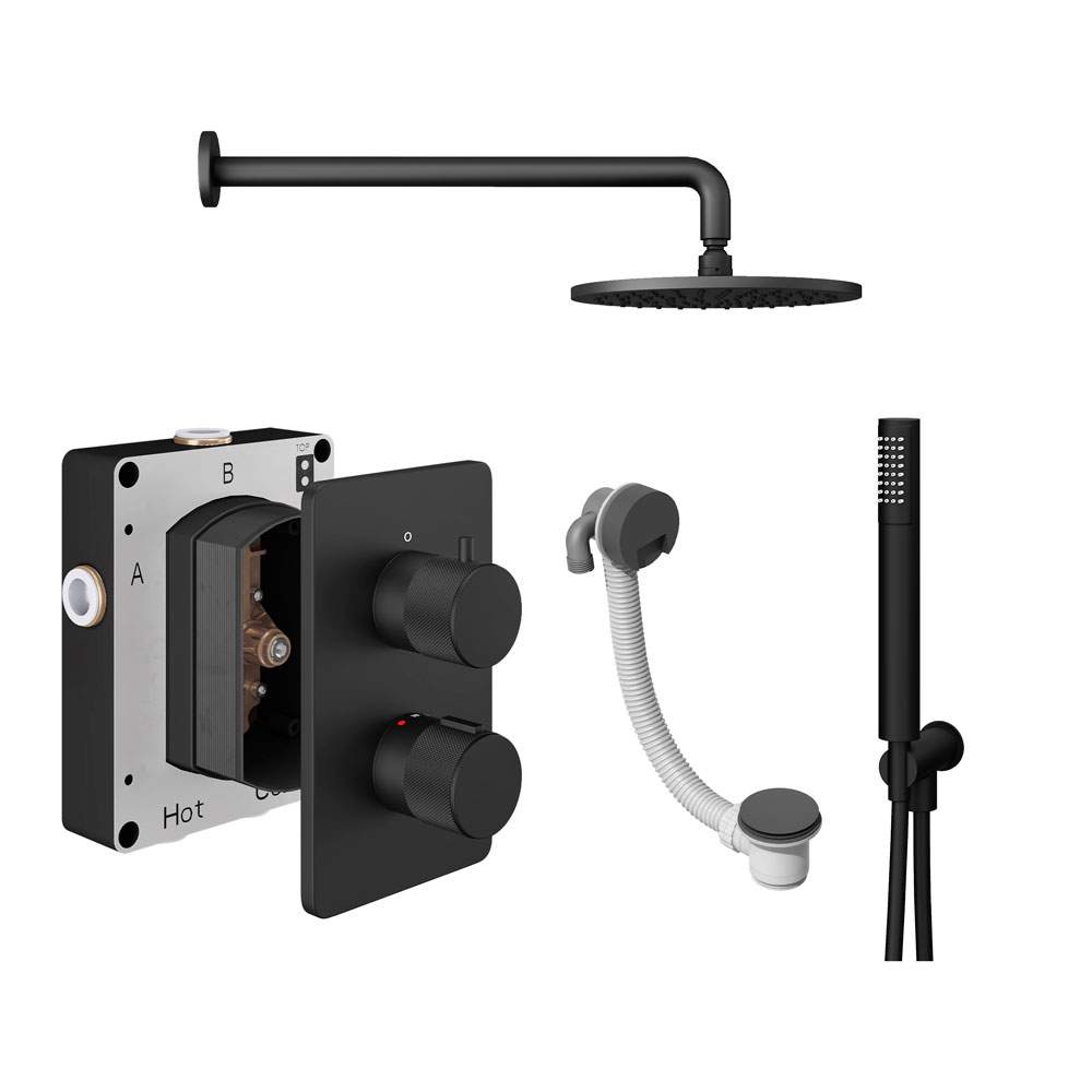 Abacus Iso Pro Shower Pack 6 Fixed Shower Head With Handset, Holder And Overflow Filler - Matt Black