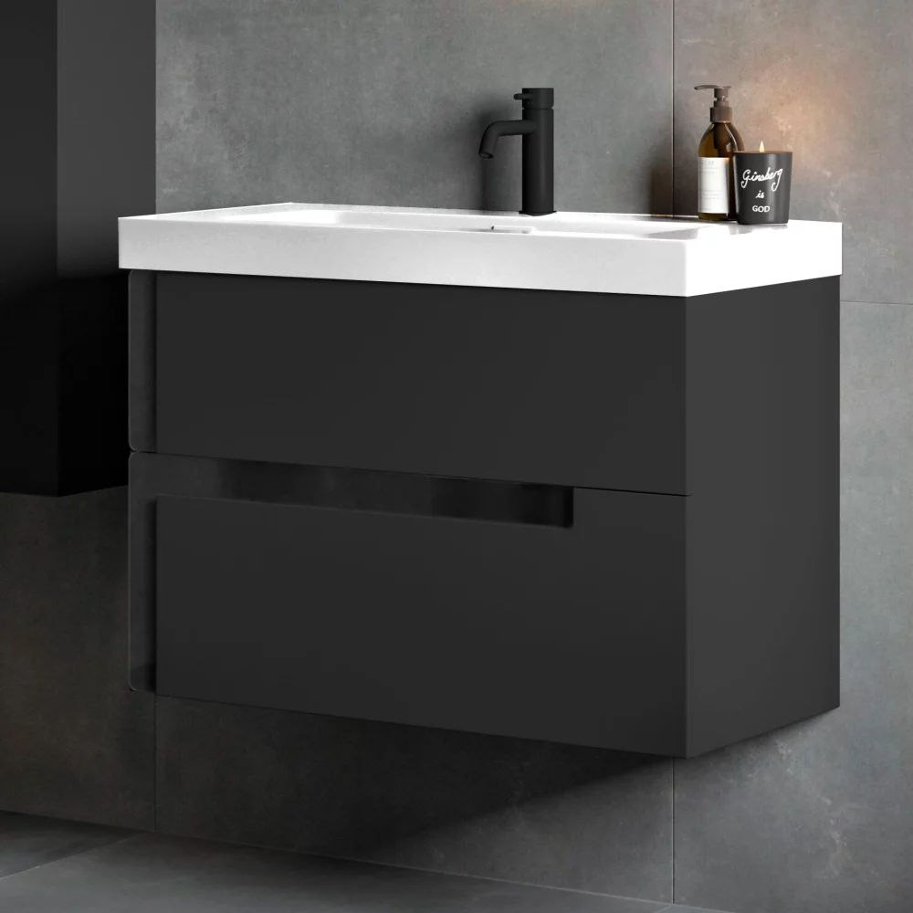 Jux Wall Hung 615mm Matt Black and Glass 2 Drawer Vanity Unit and White Basin