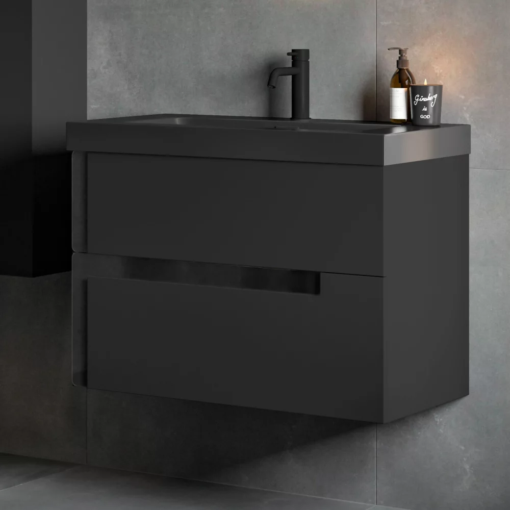 Jux Wall Hung 805mm Matt Black 2 Drawer Vanity Unit & Black Basin