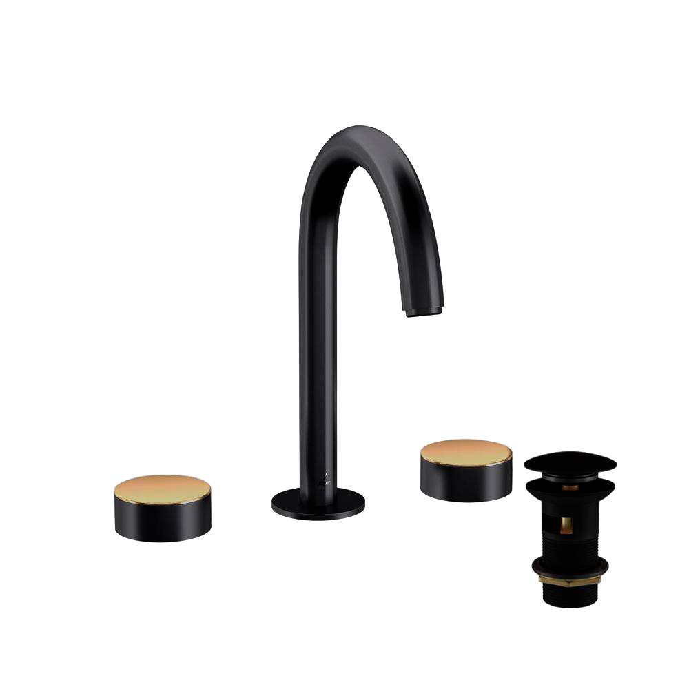 Jaquar Laguna Matt Black & Gold 3 Hole Basin Mixer  Tap with Curved Spout