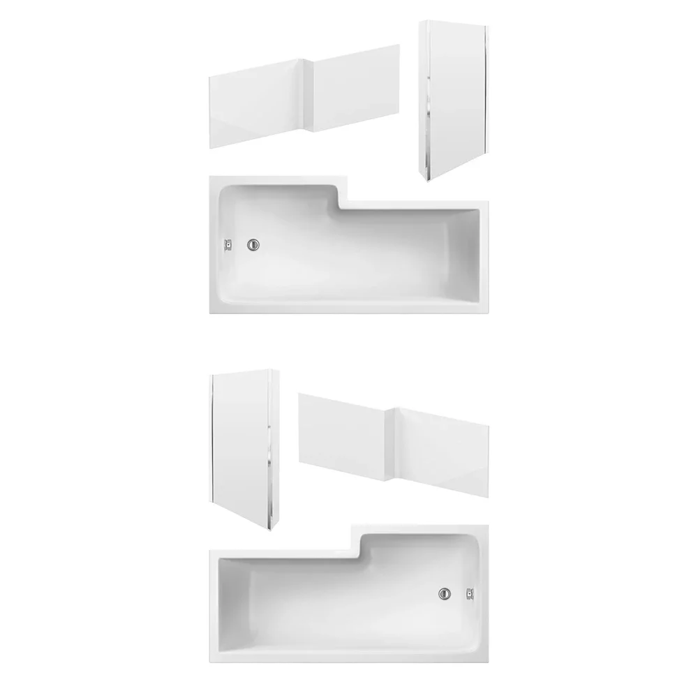 Nuie 1600 x 855mm L Shaped Shower Bath With Screen, Side Panel & Legs