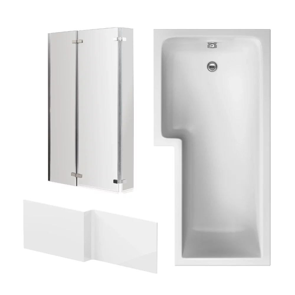 Nuie 1700 x 850mm L Shaped Left Hand Shower Bath, Screen and Side Panel