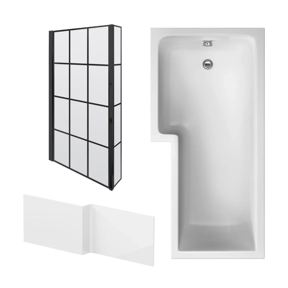Nuie 1700 x 850mm L Shaped Shower Bath, Screen and Side Panel