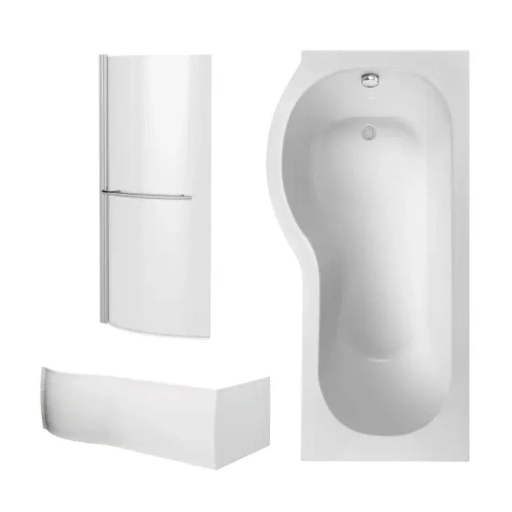 Nuie 1700 x 850mm P Shaped Left Hand Shower Bath, Bath Screen and Panel