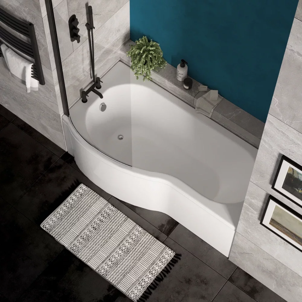 Nuie 1700 x 850mm P Shaped Left Hand Shower Bath, Bath Screen, Side Panel and Leg Set