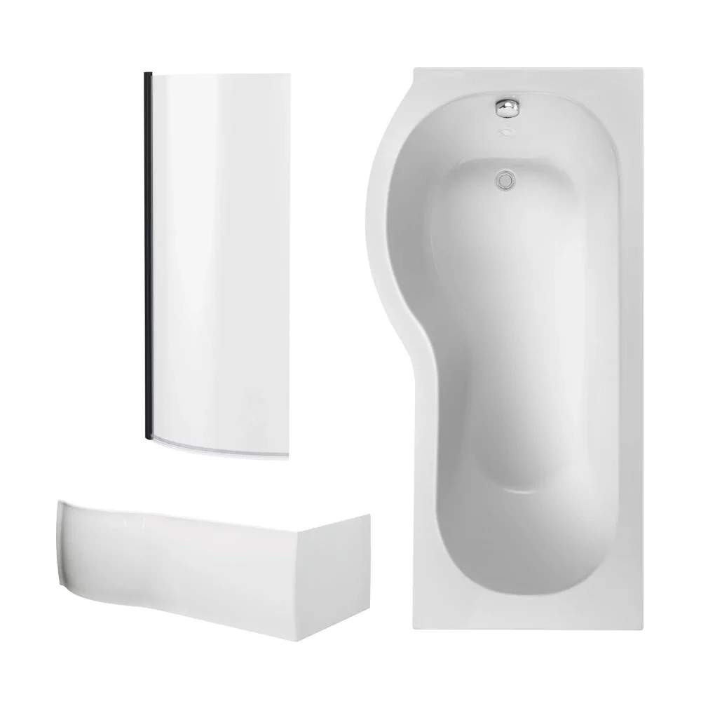 Nuie 1700mm P Shaped Shower Bath Left Hand, Matt Black Shower Screen & Front Panel