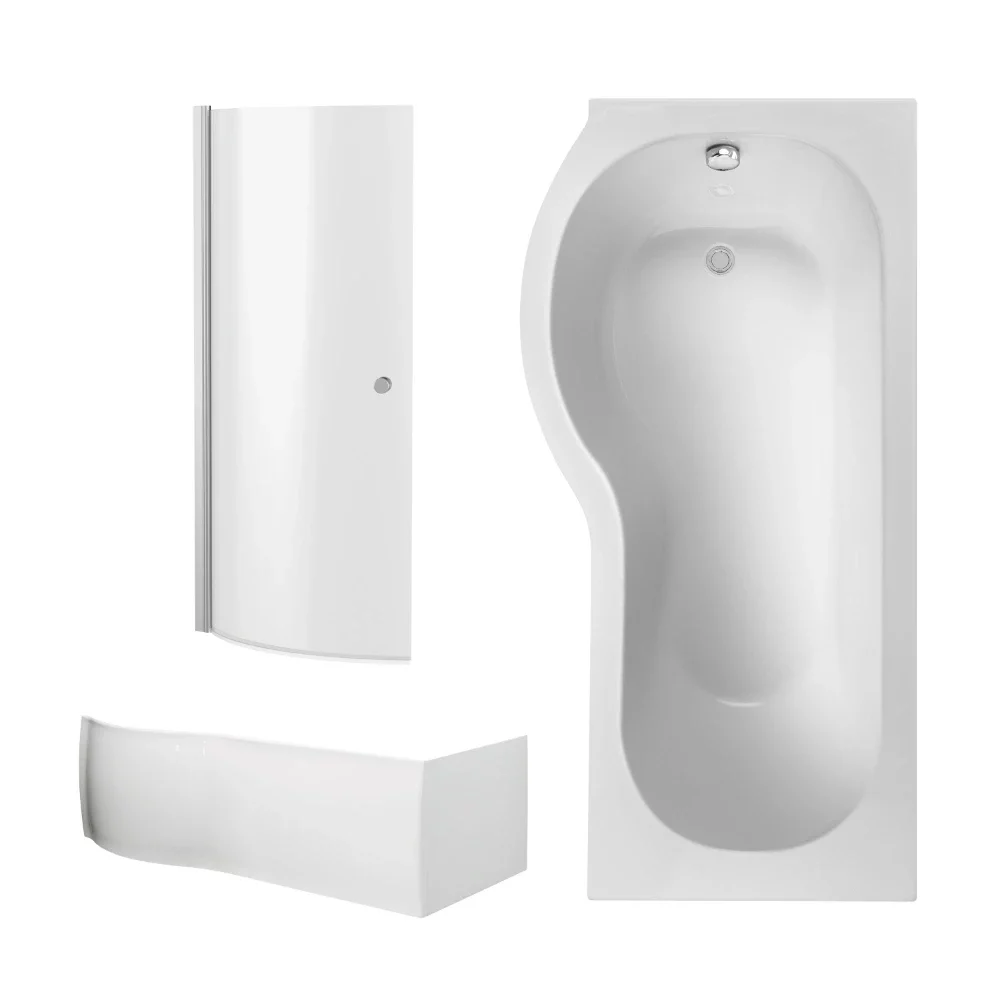 Nuie 1700mm P Shaped Left Hand Shower Bath, Chrome Bath Screen & Front Panel