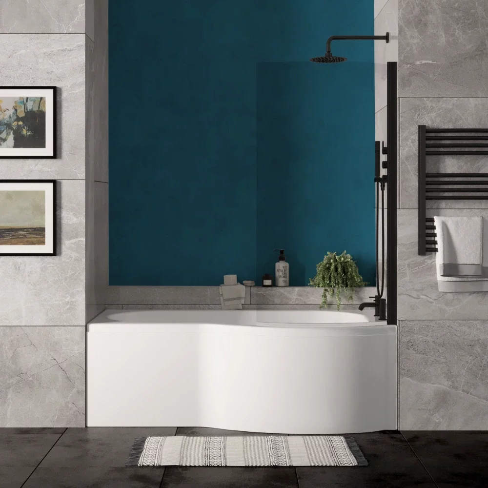 Nuie 1700 x 850mm P Shaped Right Hand Shower Bath, Bath Screen and Side Panel