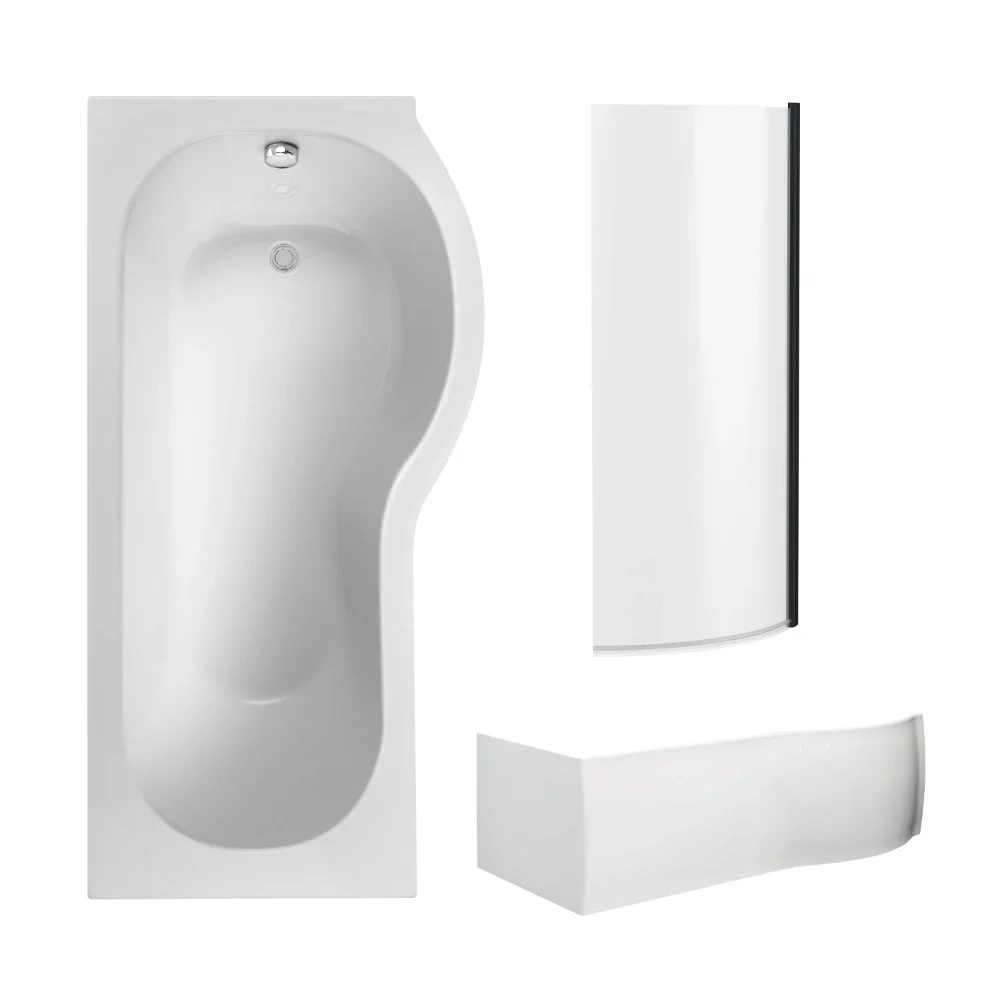Nuie 1700mm P Shaped Shower Bath Right Hand, Matt Black Bath Screen & Front Panel