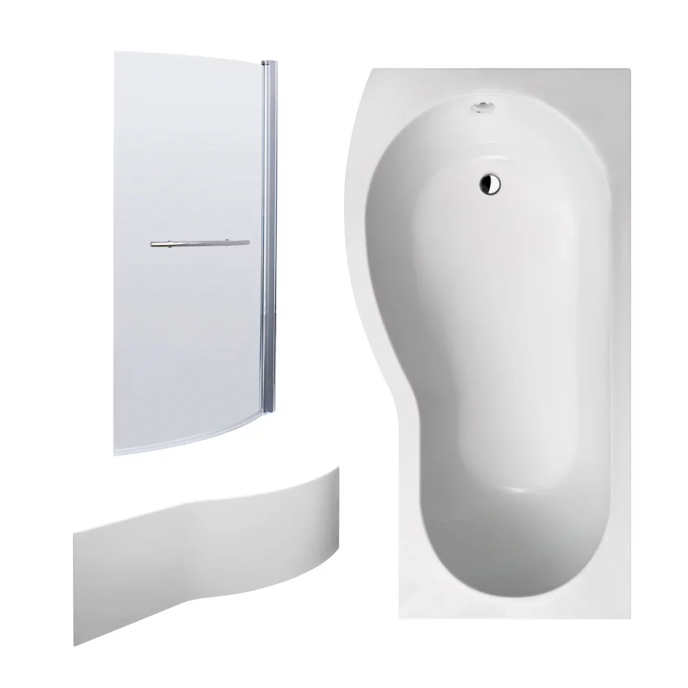 Nuie 1700 x 900mm B Shaped Left Hand Shower Bath, Chrome Bath Screen and Side Panel