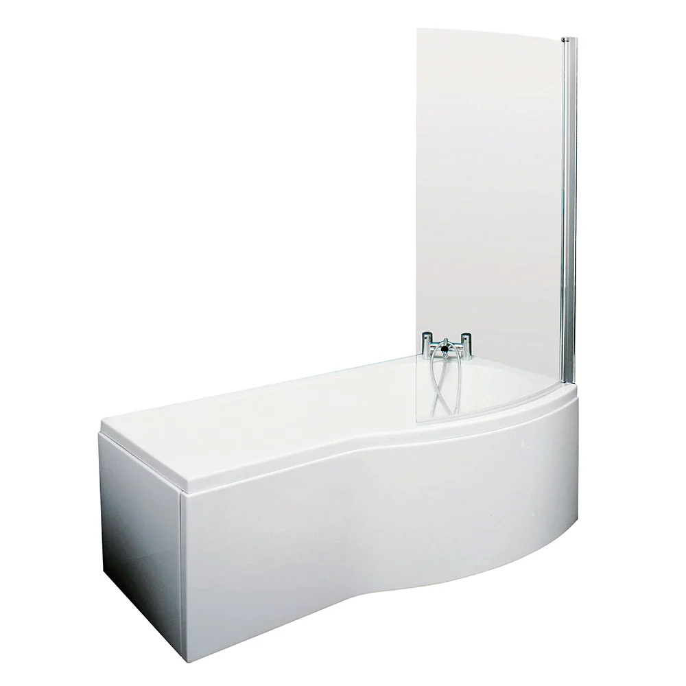 Nuie 1700 x 900mm B Shaped Right Hand Shower Bath, Bath Screen and Side Panel