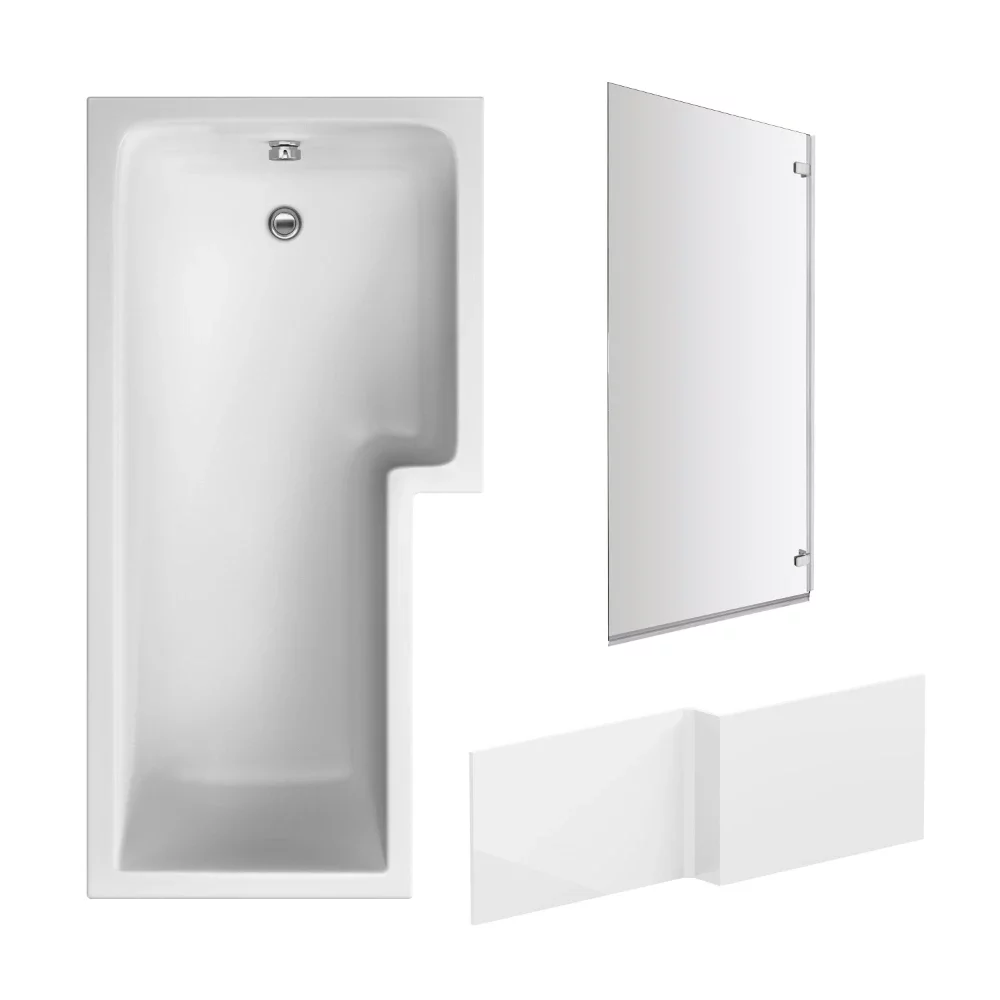 Nuie 1700mm L Shaped Left Hand Shower Bath, Glass Screen and Panel