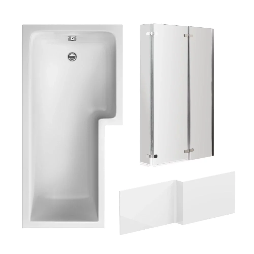 Nuie 1700mm L Shaped Right Hand Shower Bath, Hinged Glass Screen and Panel