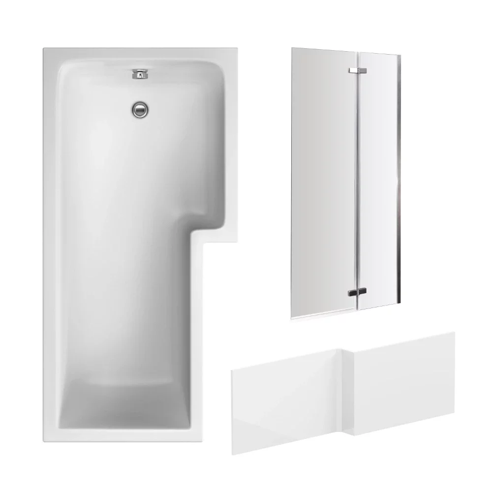 Nuie 1700mm L Shaped Shower Bath Right Hand, Chrome Hinged Glass Screen and Panel
