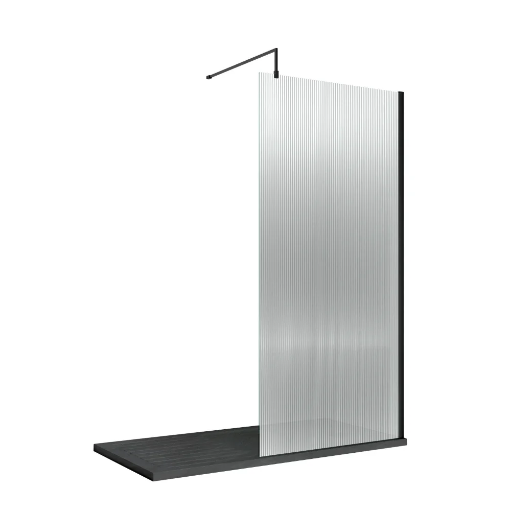 Nuie 800mm Fluted Black Wetroom Screen with Support Bar