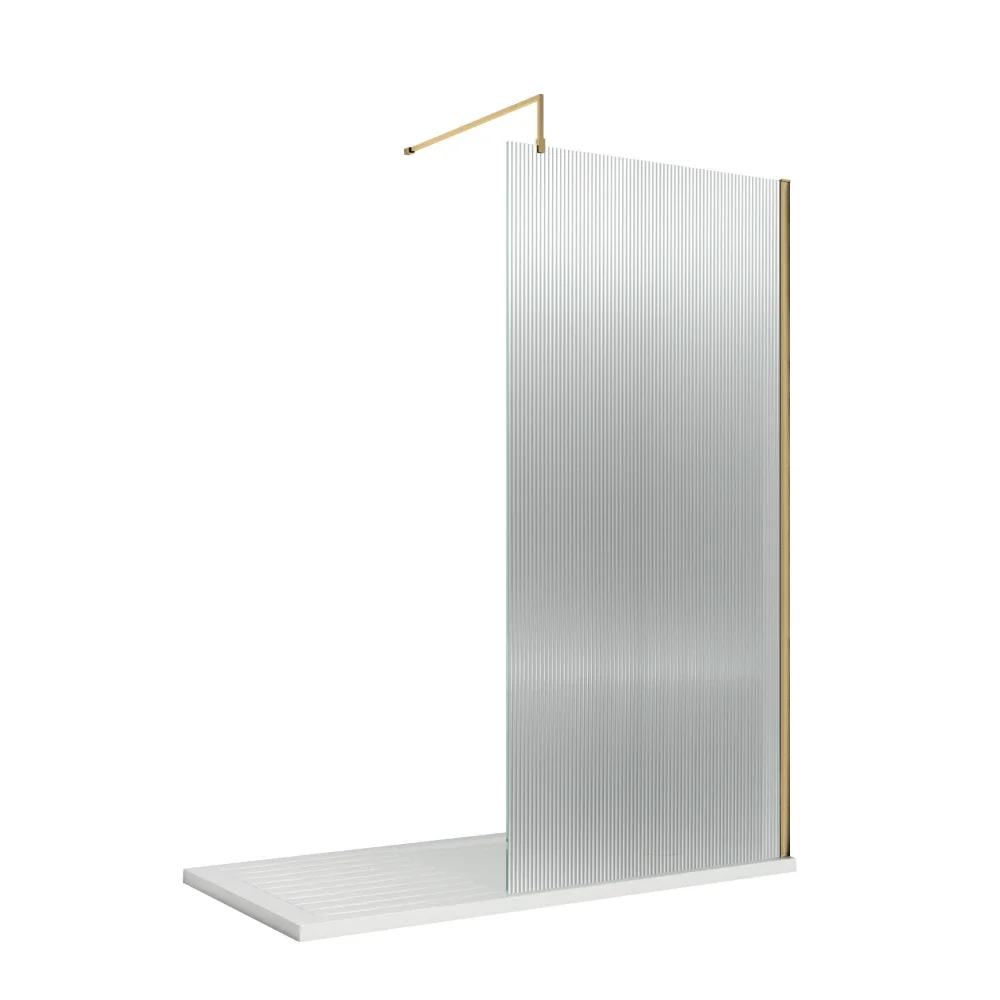Nuie 800mm Fluted Wetroom Screen With Brushed Brass Support Bar