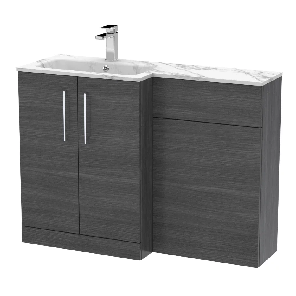 Nuie Arno Anthracite 1100mm L Shape Vanity Basin & WC Unit Set With Marble Effect Basin