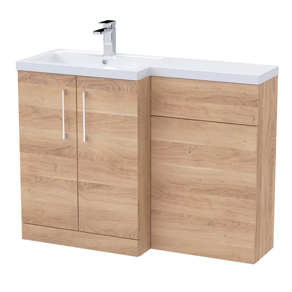 Nuie Arno Bleached Oak 1100mm L Shape Vanity Basin & WC Unit Set With Polymarble Basin