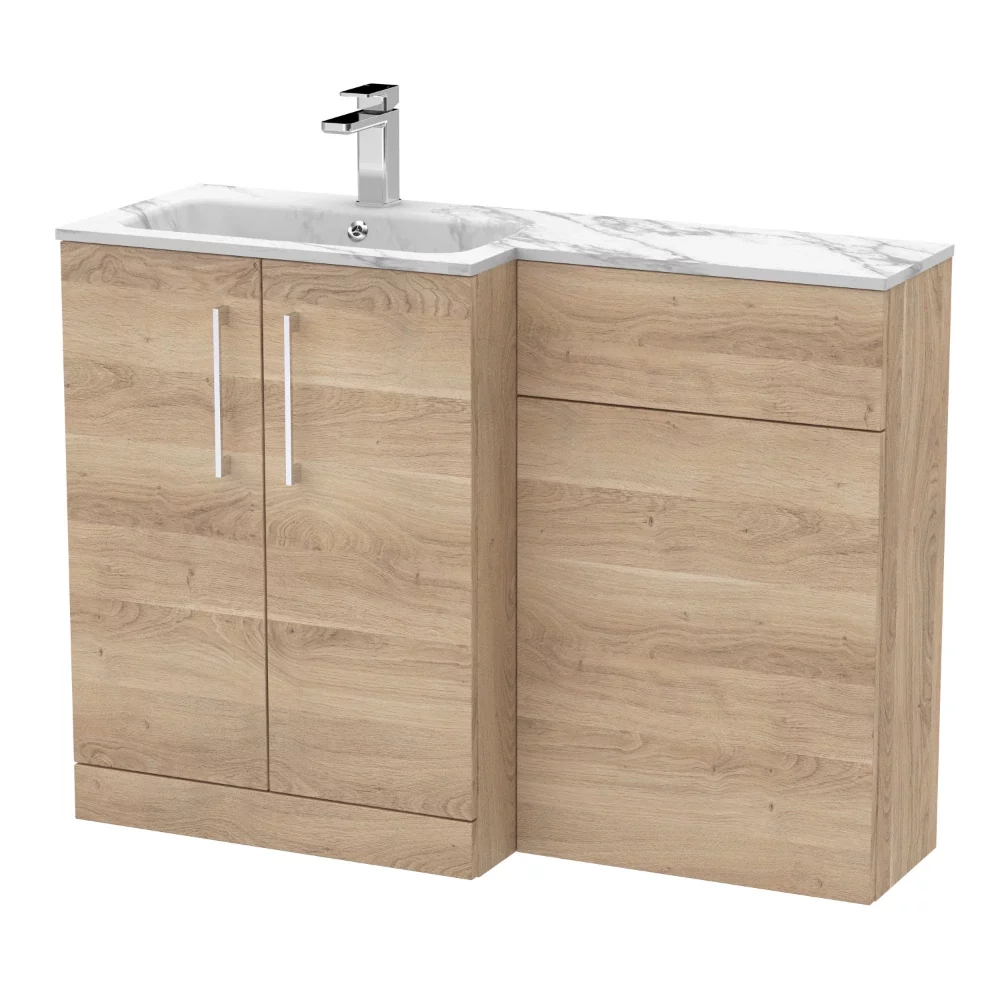 Nuie Arno Bleached Oak 1100mm L Shape Vanity Basin & WC Unit Set With Marble Effect Basin