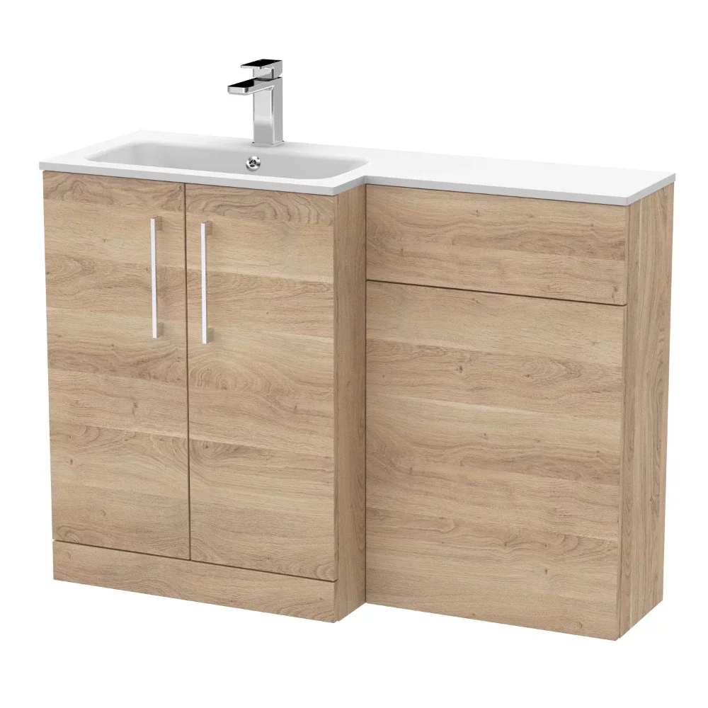 Nuie Arno Bleached Oak 1100mm L Shape Vanity Basin & WC Unit Set With Stone Basin