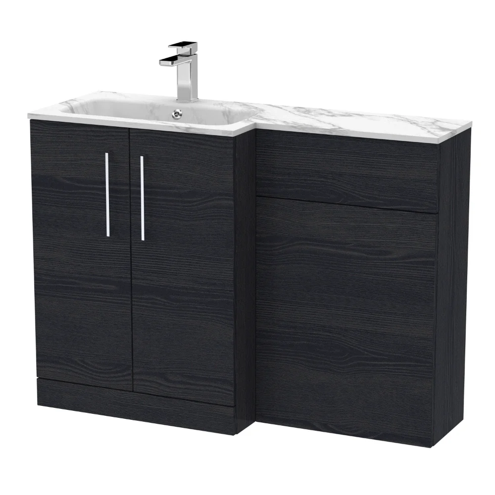 Nuie Arno Charcoal Black 1100mm L Shape Vanity Basin & WC Unit Set With Marble Effect Basin