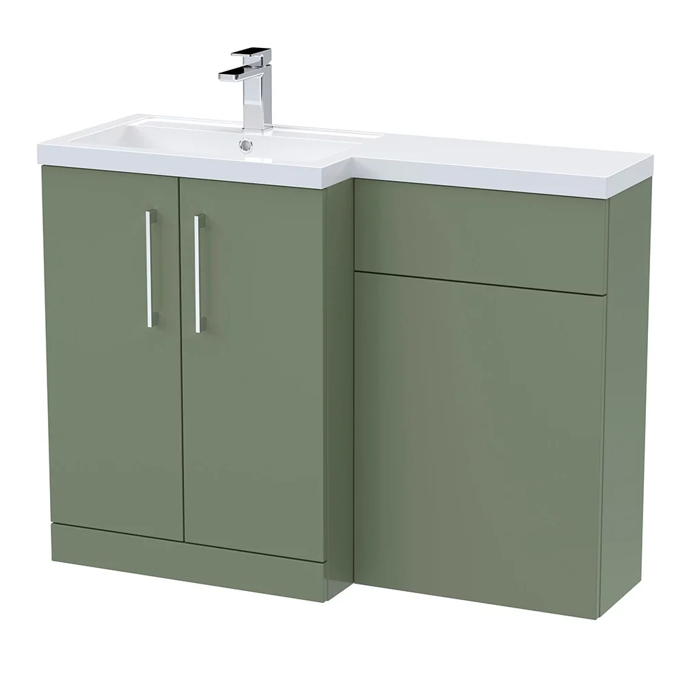 Nuie Arno Satin Green 1100 L Shape Vanity Basin & WC Unit Set With Polymarble Basin
