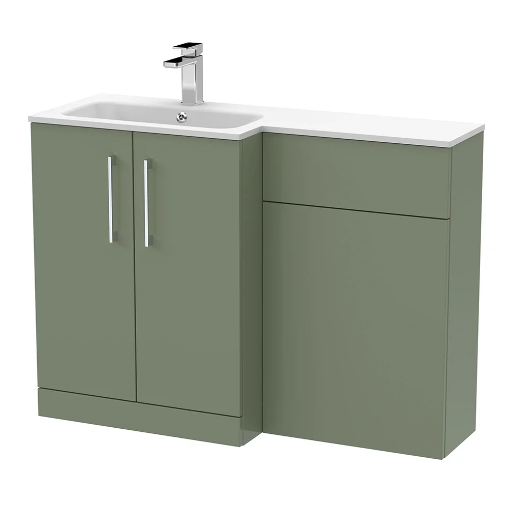 Nuie Arno Satin Green 1100 L Shape Vanity Basin & WC Unit Set With Stone Basin