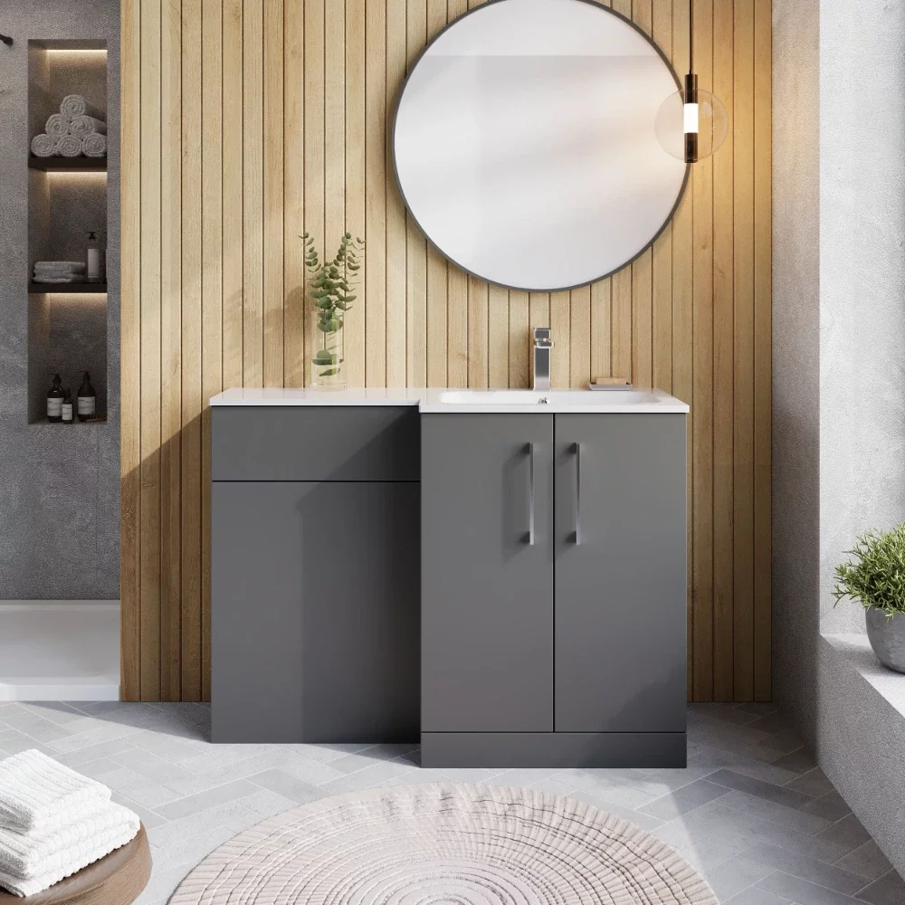 Nuie Arno Satin Grey Right Hand Floor Standing Unit and Stone Basin