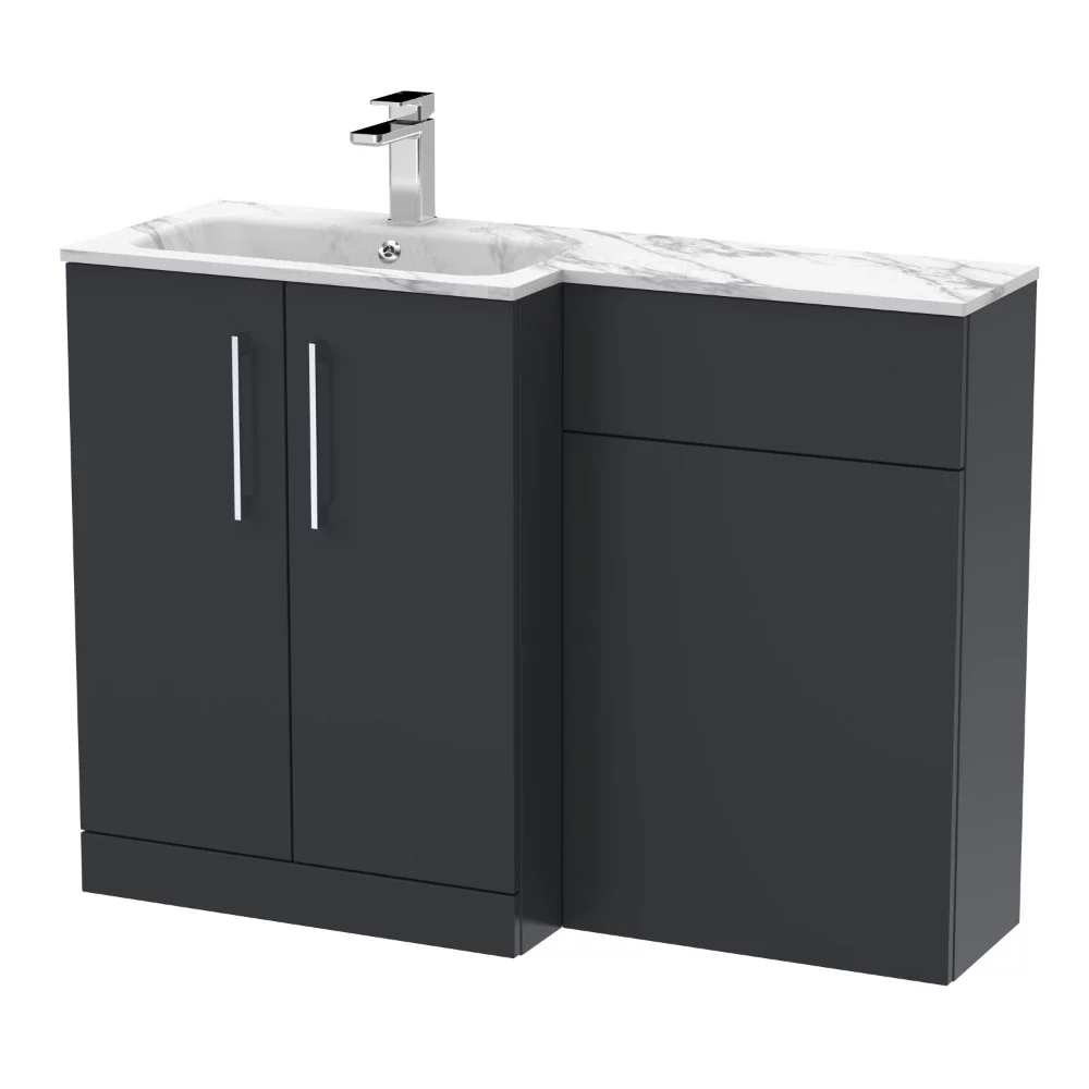 Nuie Arno Soft Black 1100mm L Shape Vanity Basin & WC Unit Set With Marble Effect Basin