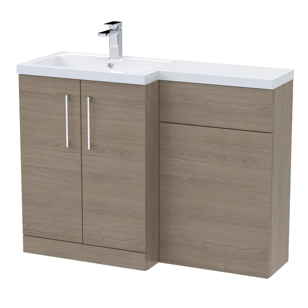 Nuie Arno Solace Oak 1100mm L Shape Vanity Basin & WC Unit Set With Polymarble Basin