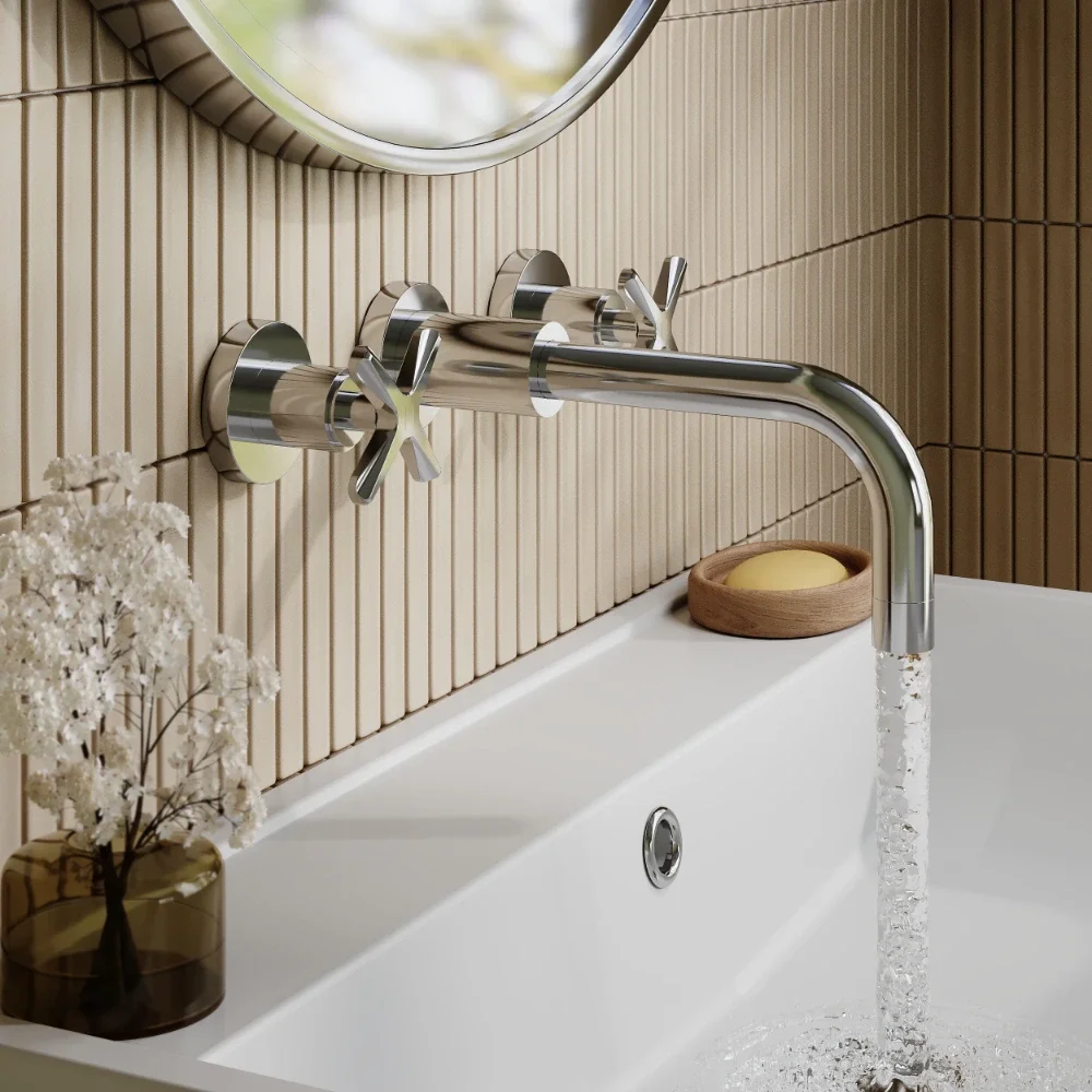 Nuie Aztec Chrome 3 Tap Hole Wall Mounted Basin Mixer Tap
