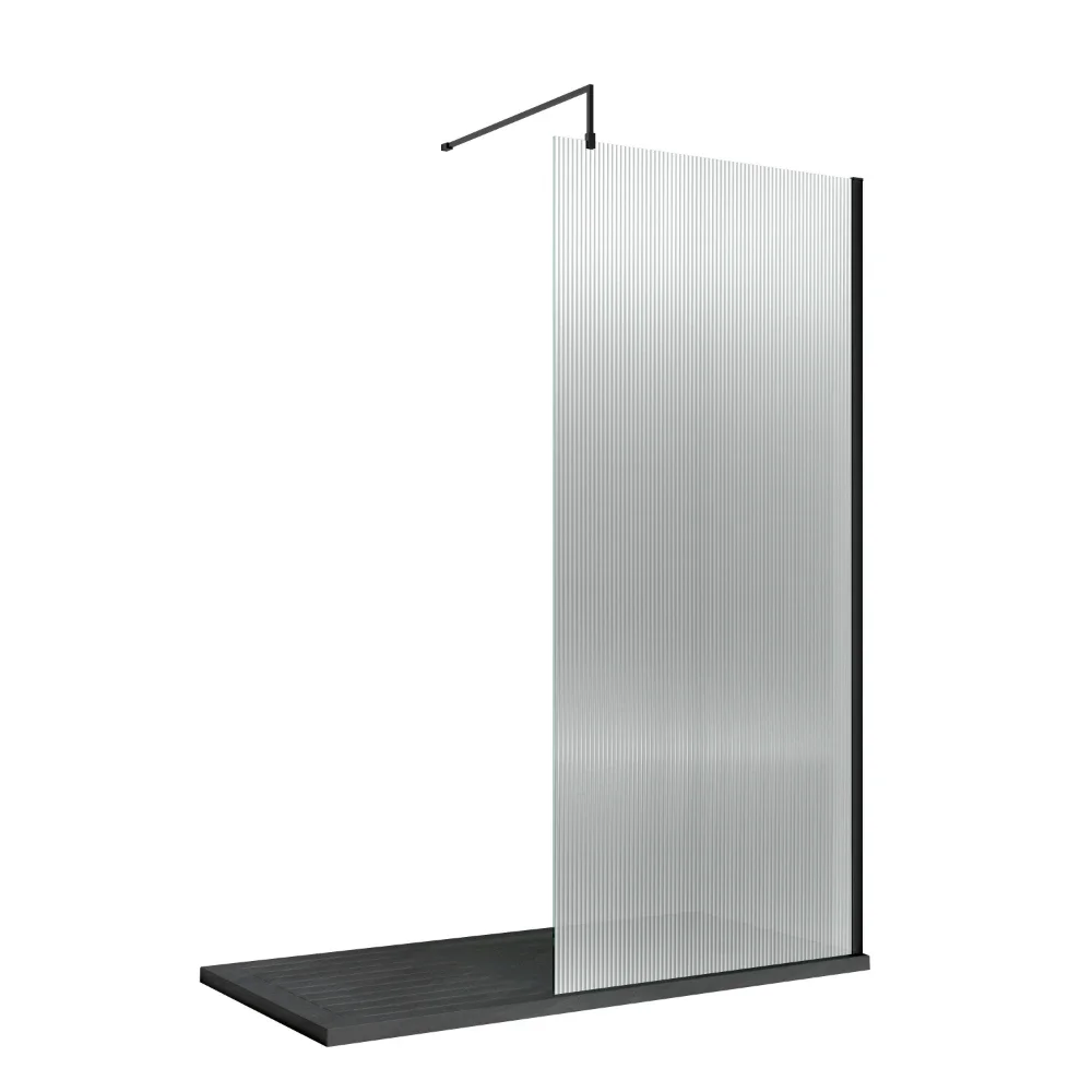 Nuie Fluted 1000mm Black Wetroom Screen with Support Bar
