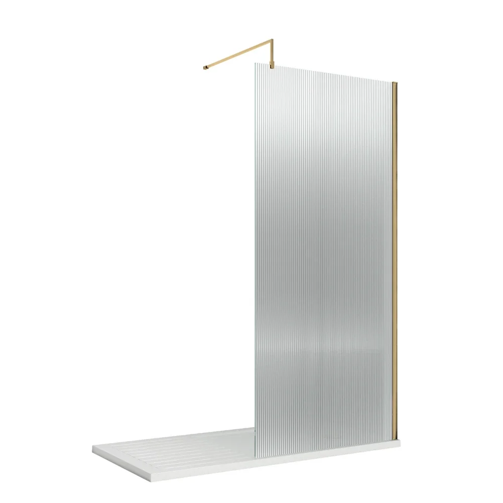 Nuie Fluted 1000mm Wetroom Screen With Brushed Brass Support Bar