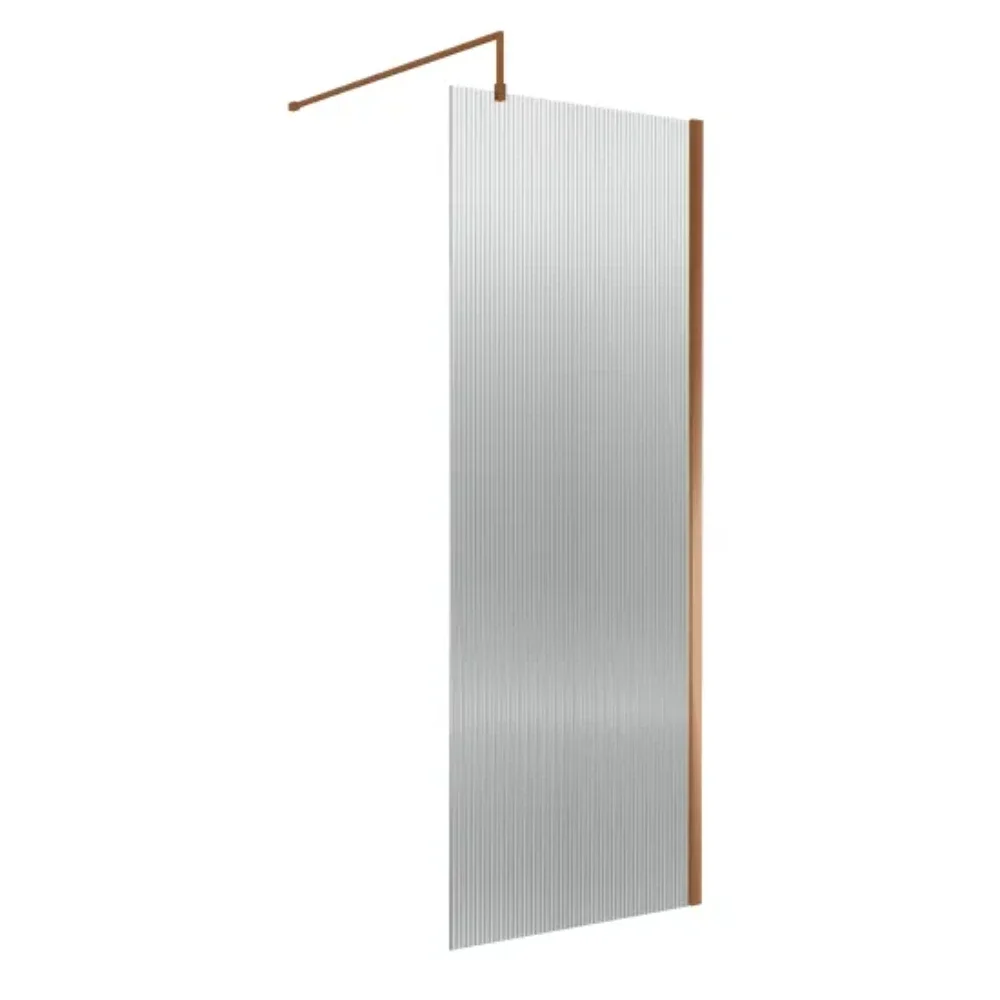 Nuie Fluted Brushed Bronze 800mm Wetroom Screen with Support Bar