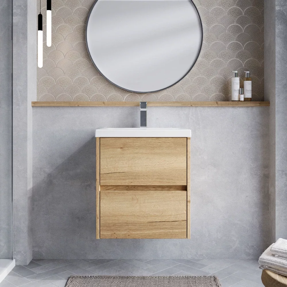 Nuie Havana Autumn Oak Wall Hung Vanity Unit & Mid Edge Basin