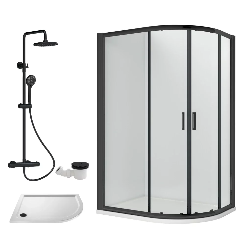 Nuie Rene Black 1000 x 800mm Right Hand Offset Quadrant Enclosure, Tray, Thermostatic Shower & Waste