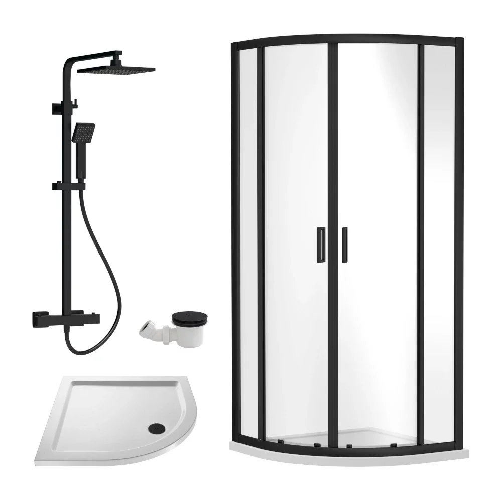Nuie Rene Black 900mm Quadrant Enclosure, Thermostatic Shower, Tray and Waste