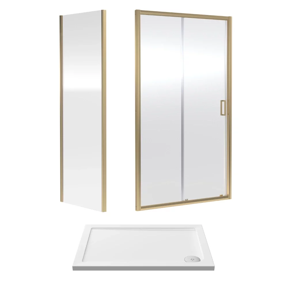 Nuie Rene Brushed Brass 1000 x 700mm Sliding Shower Door Enclosure inc Side Panel & Tray
