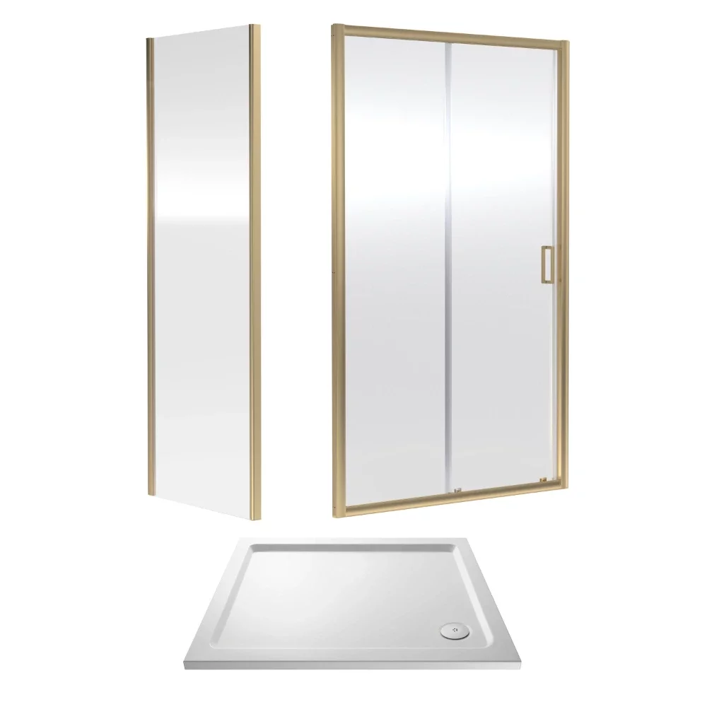 Nuie Rene Brushed Brass 1000 x 800mm Sliding Shower Door Enclosure inc Side Panel and Tray