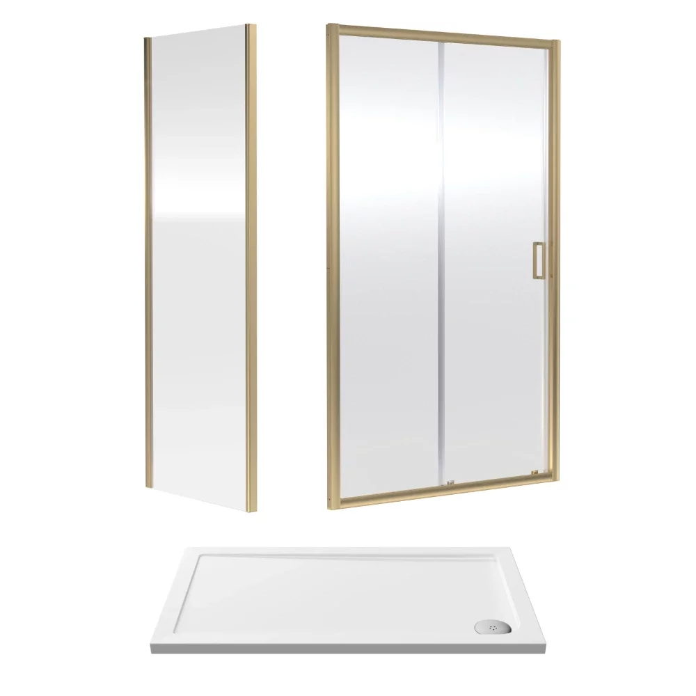 Nuie Rene Brushed Brass 1200 x 700mm Sliding Shower Door Enclosure inc Side Panel and Tray